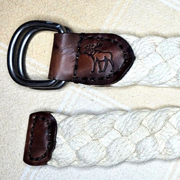 Abercrombie & Fitch White Cotton Braided Double D-Ring Leather Trim Belt Size 28 - Picture 1 of 8